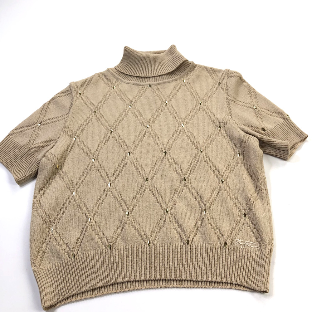 St. John MED Santana Knit Turtleneck Argyle Studded Pullover Sweater Beige MINT